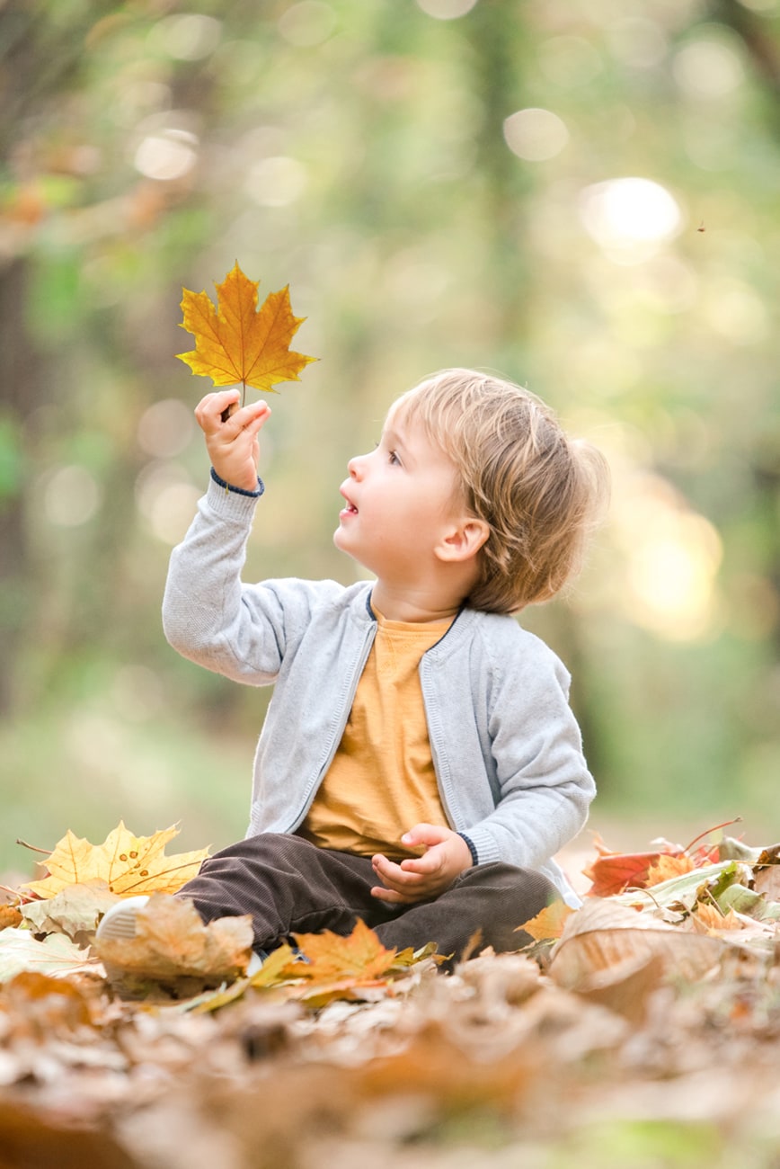 Enfant jouant avec les feuilles d'automne