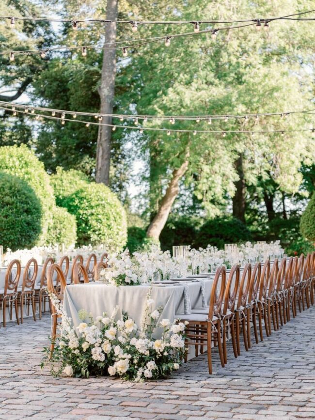 Wedding table at Fontareches Castle in Provence in shades of green and white