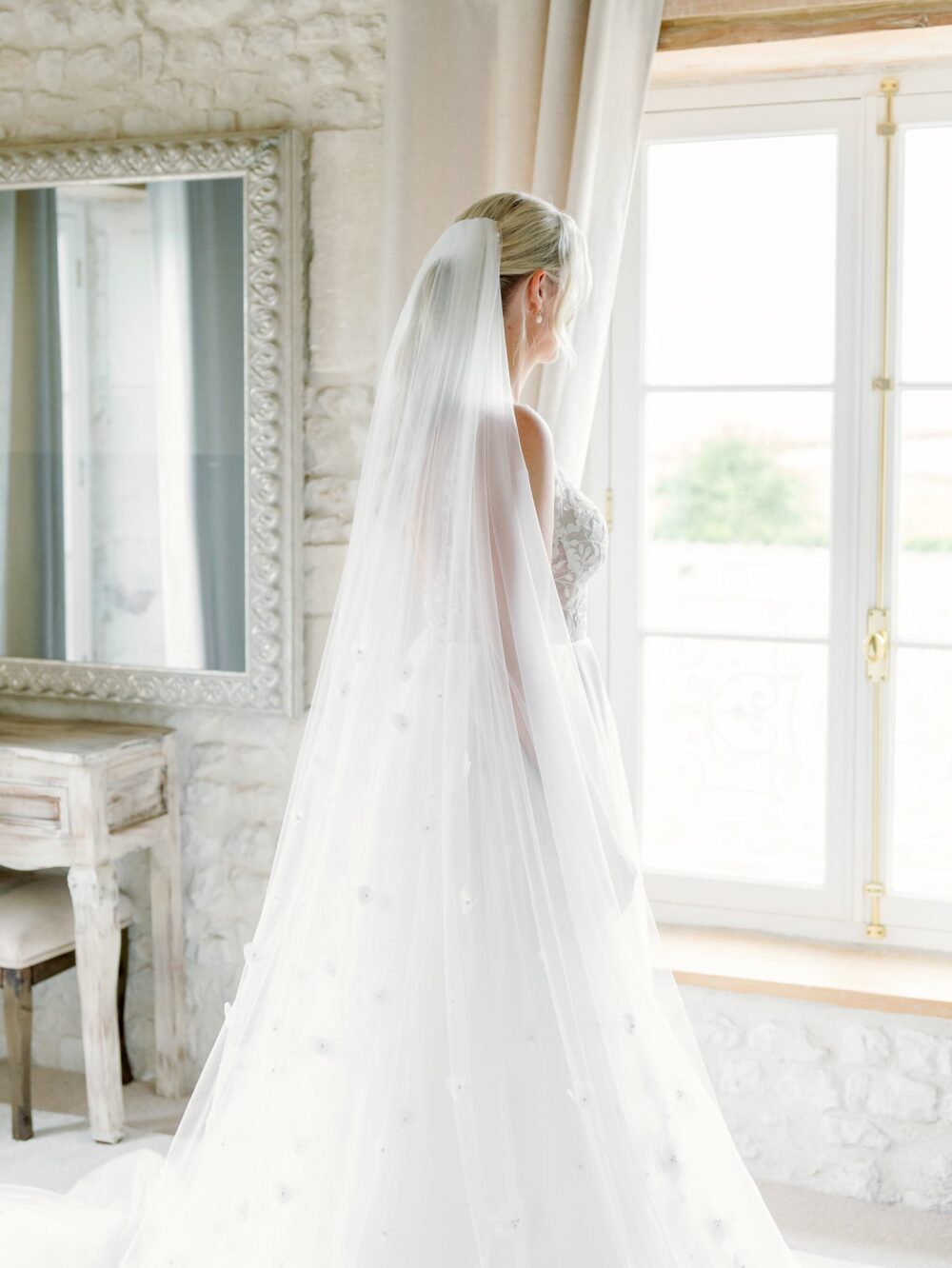 Portrait of the Bride in her dress and veil at Château N°3