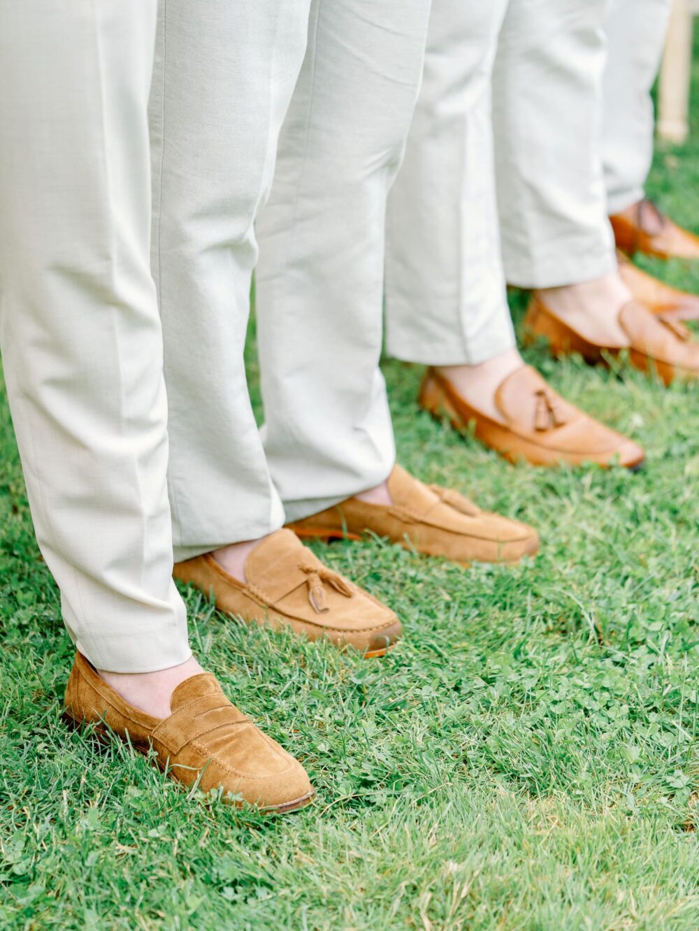 Groom and groomsmen shoes aligned (brown mocassins)