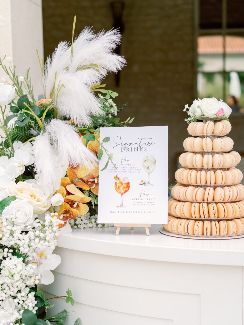 Drinks menu & towers of macarons
