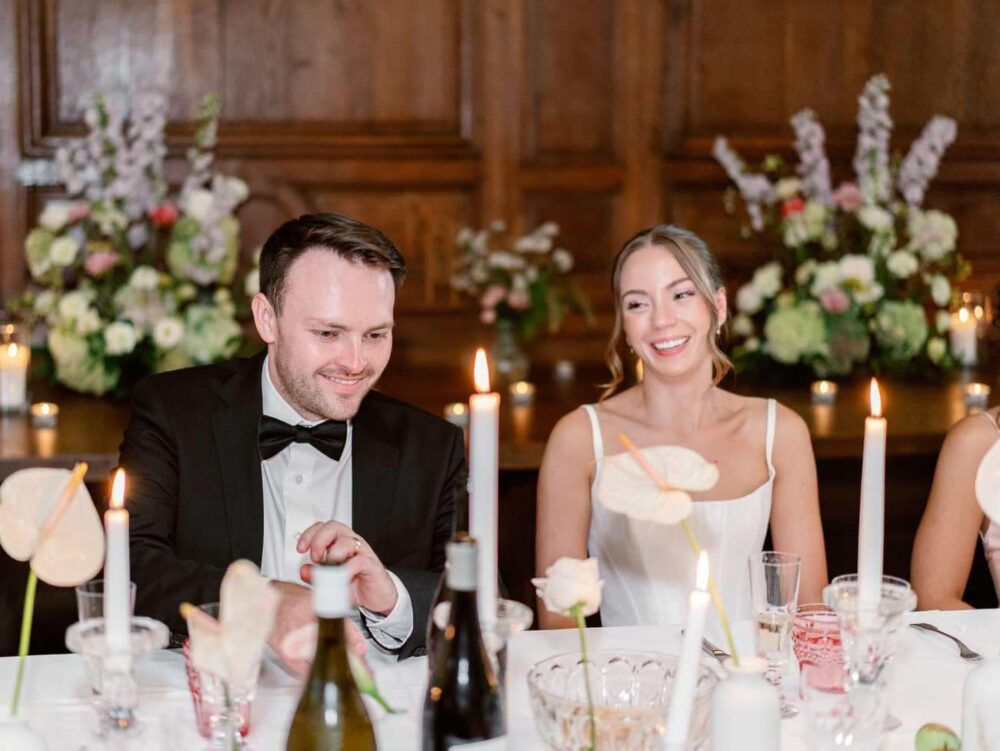 bride and groom laughing