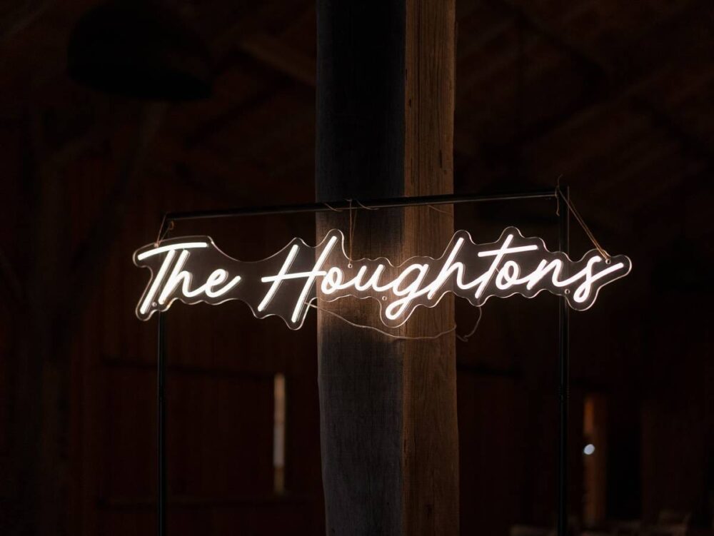 light sign with the name of the newlyweds