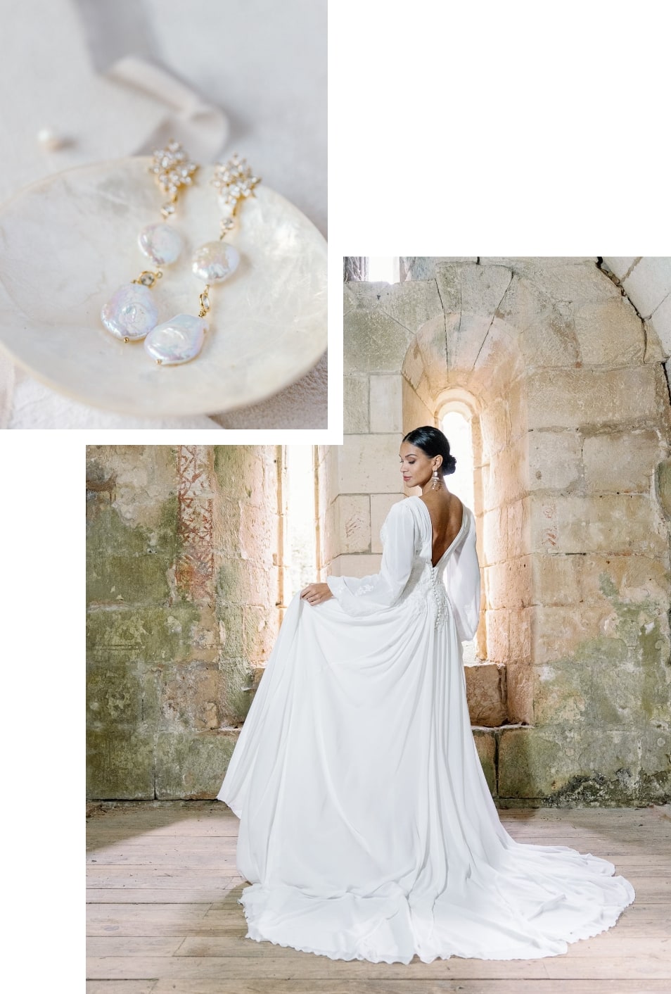 Groupe 112 Bride wearing a white dress in an old abbey and earrings