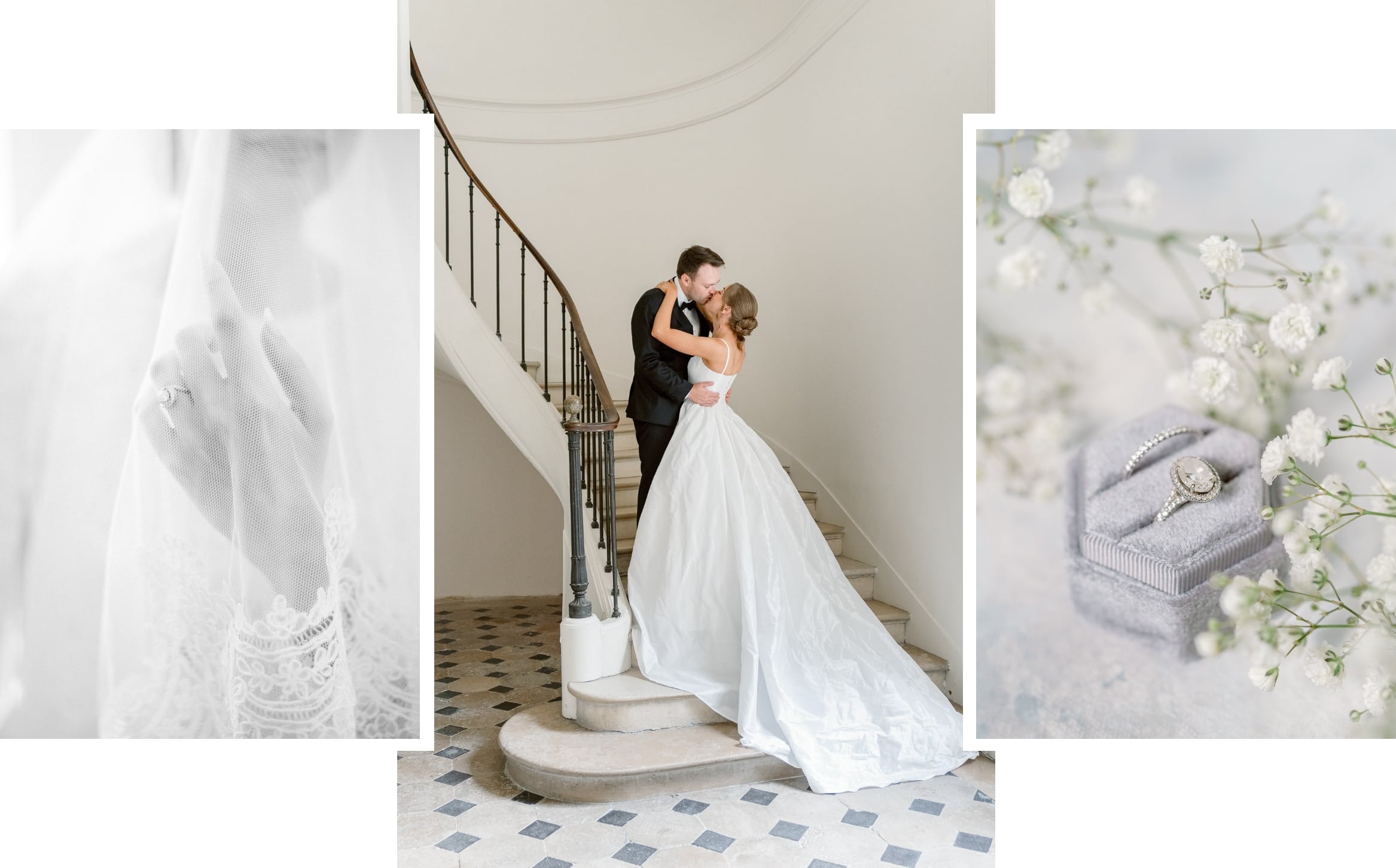 Ensemble d'images de mariage : couple, détails poétiques