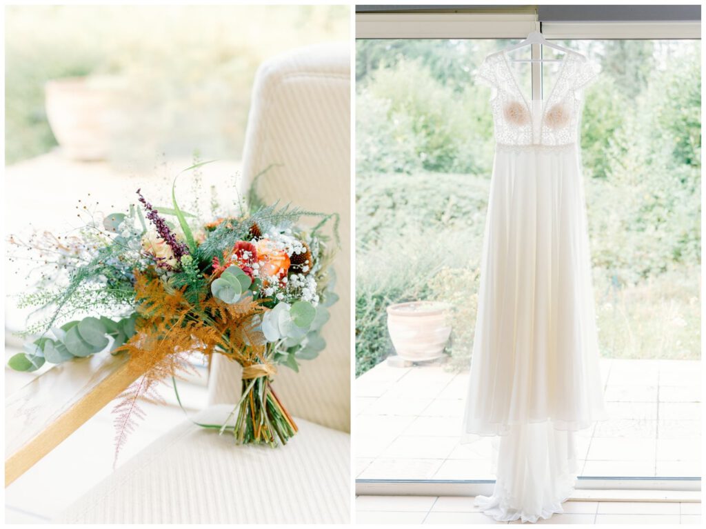 bouquet automnal et robe de mariée