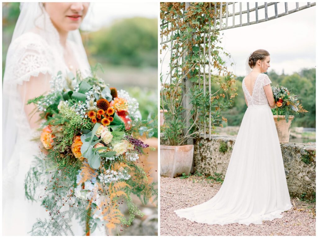 portrait de la mariée avec son bouquet automnal