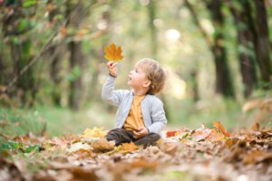 Enfant assis par terre dans une forêt tenant une feuille, en automne