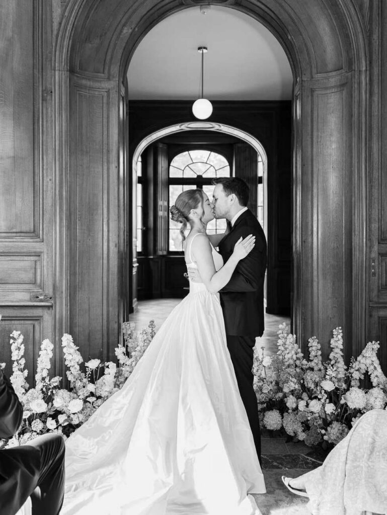 Bride and groom during the wedding ceremony at Château de Thauvenay