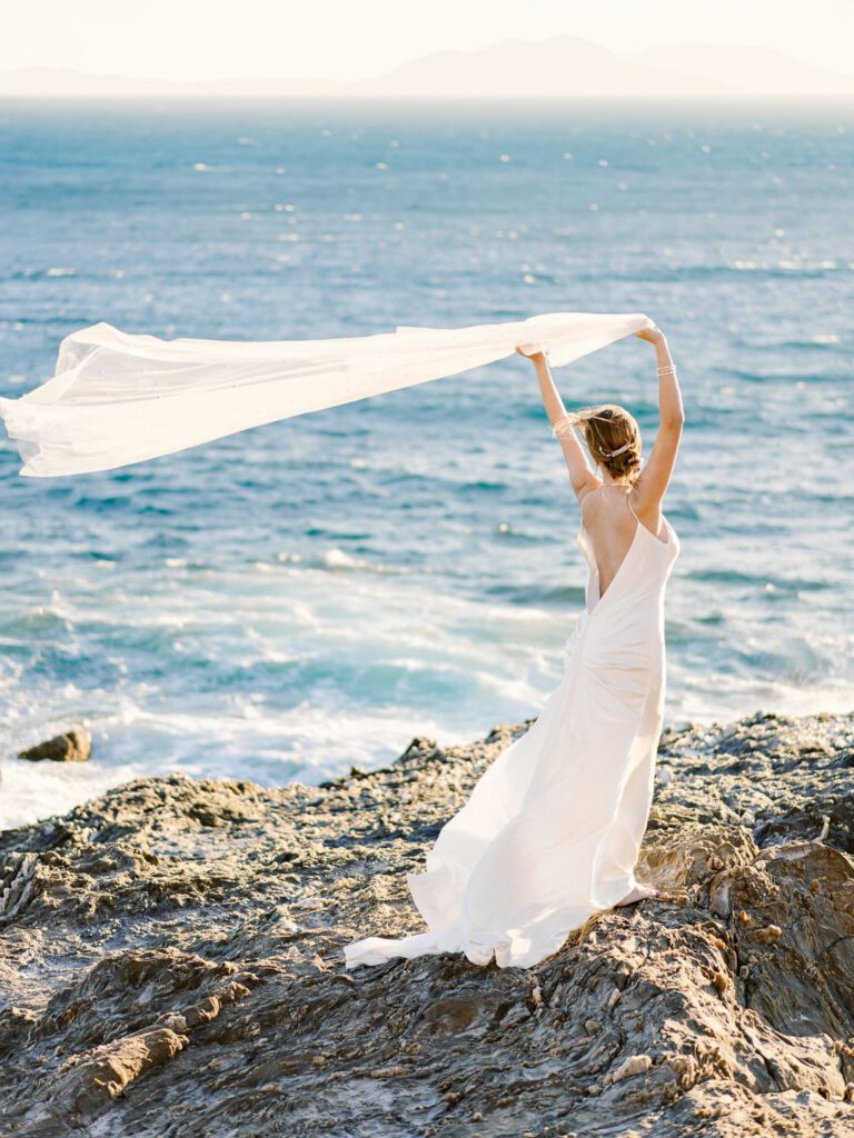 bride portrait in front of the mediterranean sea