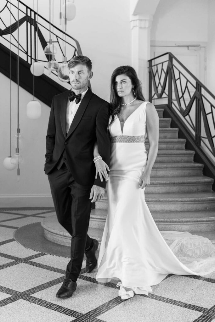 Modern photo of bride and groom in a staircase
