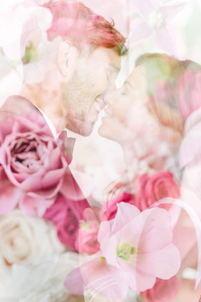 Double exposure of bride and groom and flowers