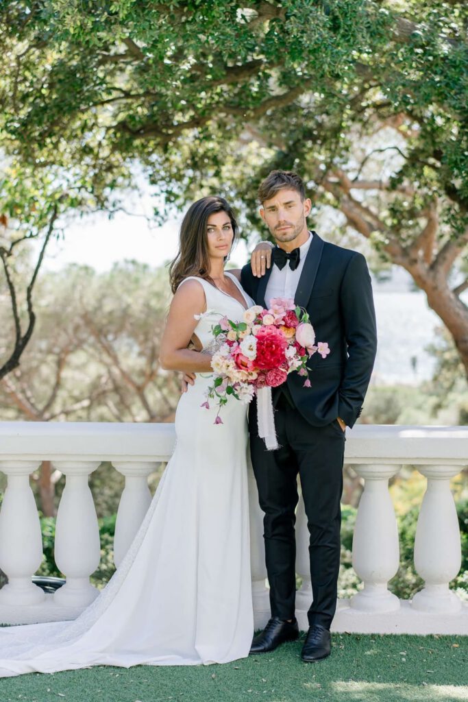 Bride and groom portrait at Castel Bay