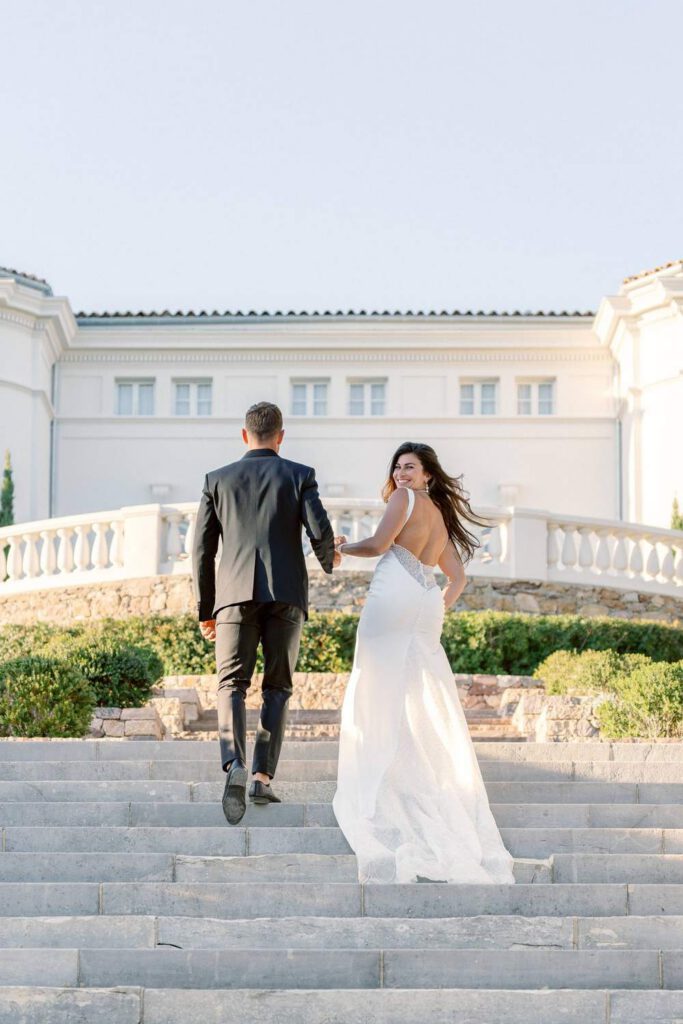 Bride and groom portrait at Castel Bay