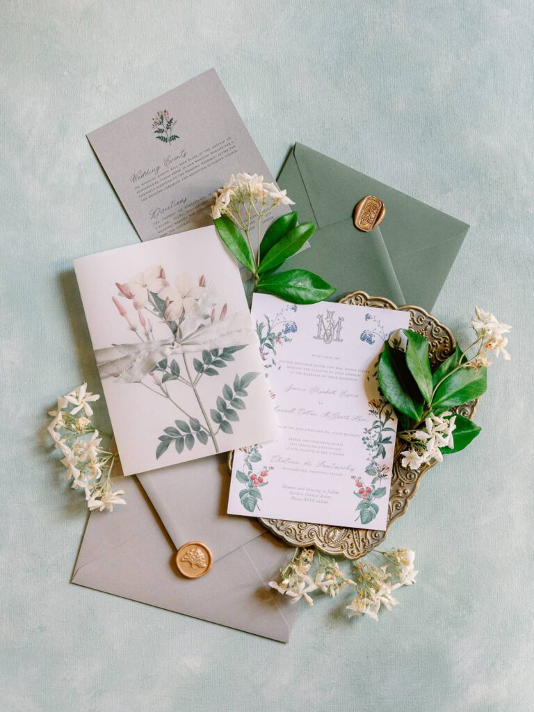 green wedding invitations with plants illustrations