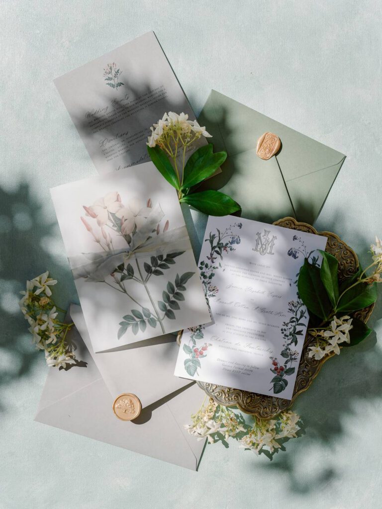 green wedding invitations with plants illustrations