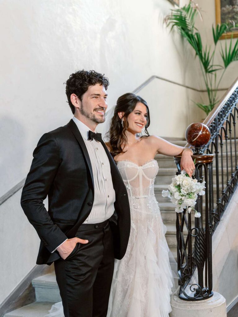 Bride and groom portrait in Château de Fontarèches