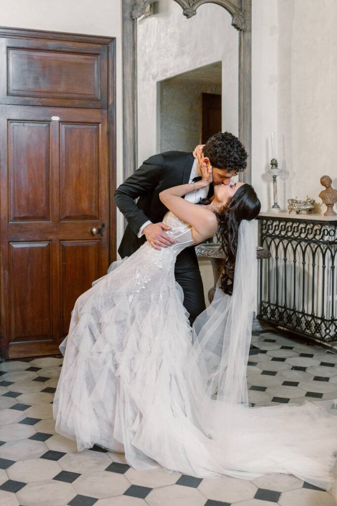 Bride and groom portrait in Château de Fontarèches