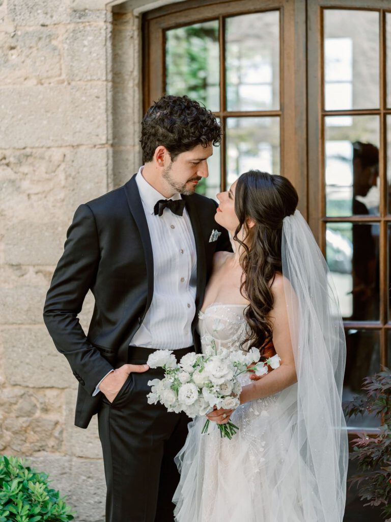 Bride and groom portrait in Château de Fontarèches