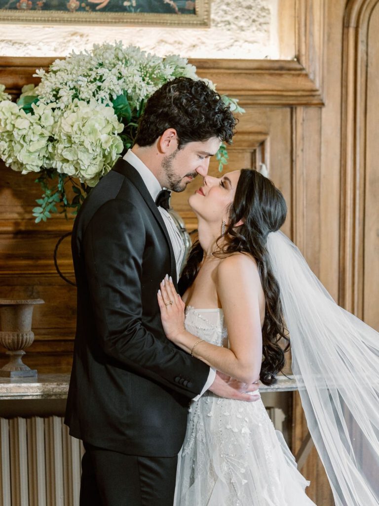 Bride and groom portrait in Château de Fontarèches
