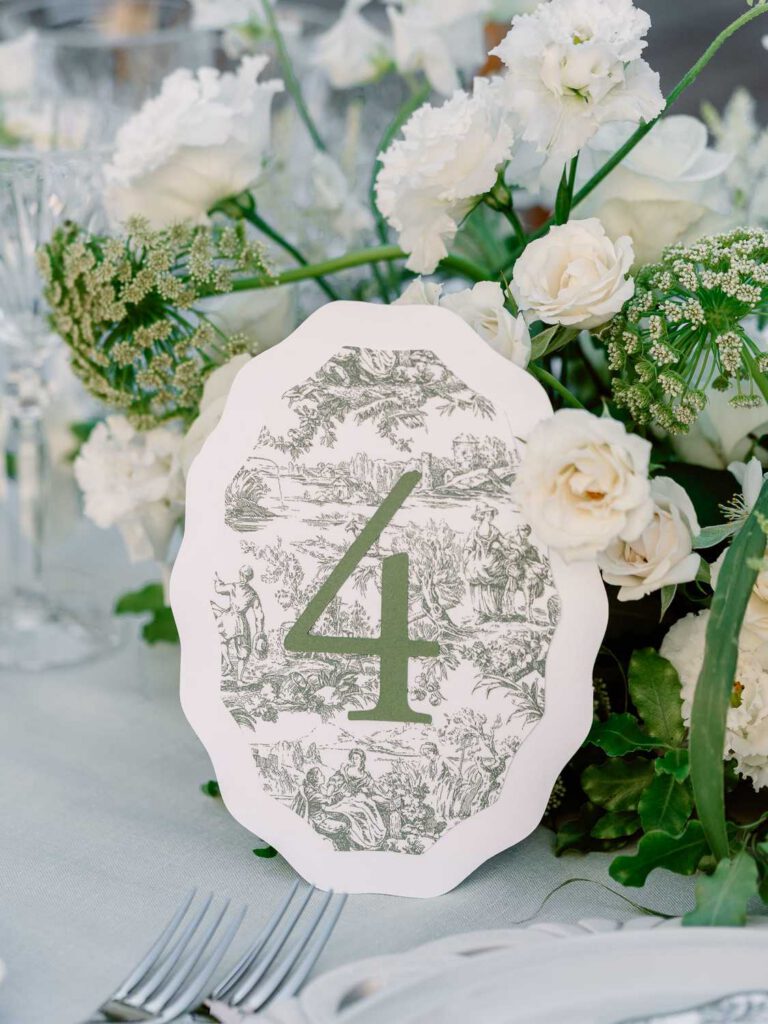 Table number in green toile de jouy
