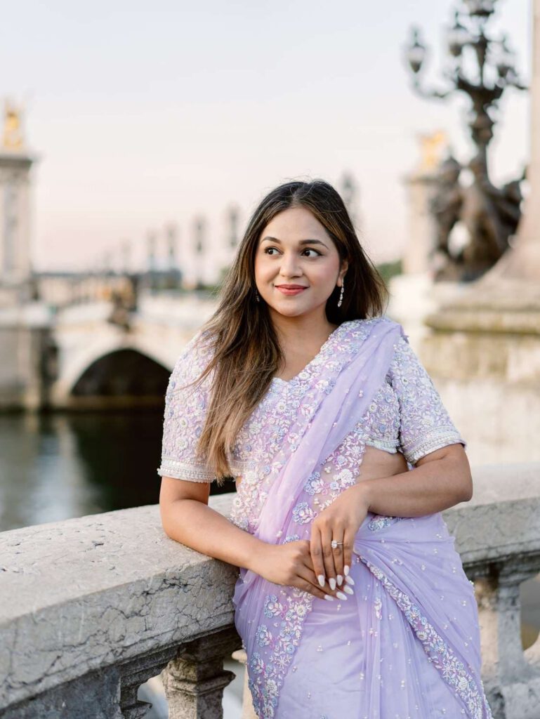 Girl in a purple Sari on pont alexandre III in paris