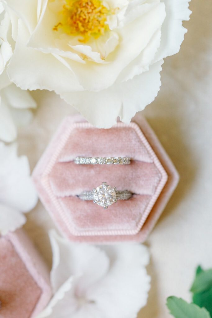 wedding rings in a pink box