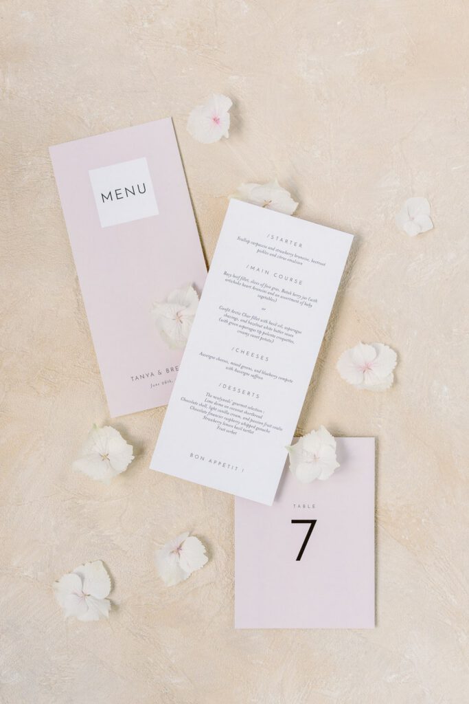 wedding menu in pink and white