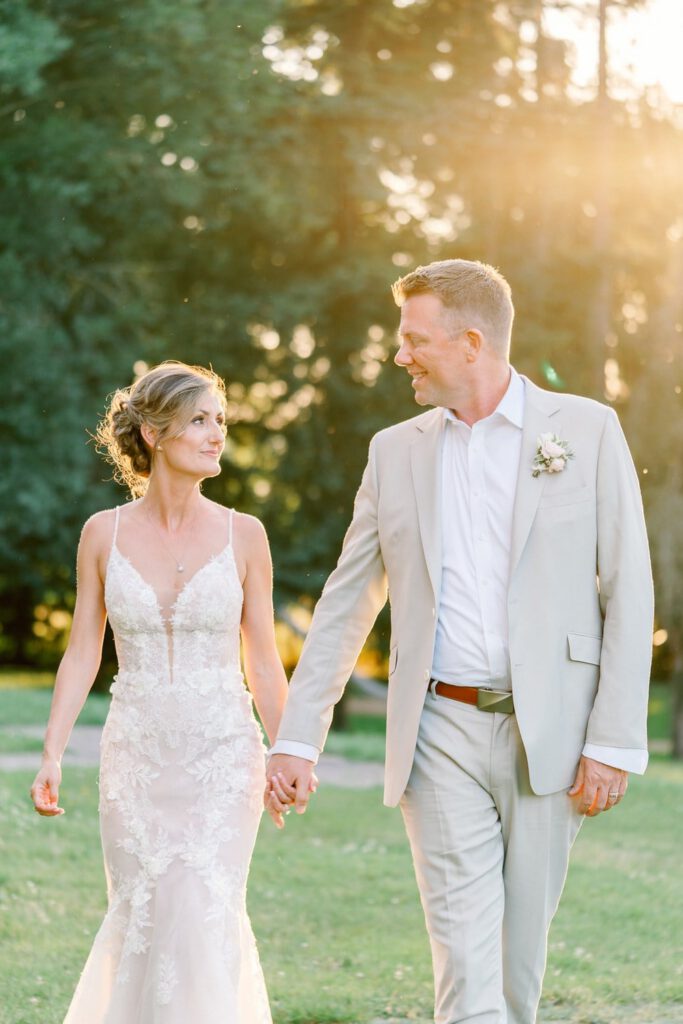 Bride and groom portrait at sunset