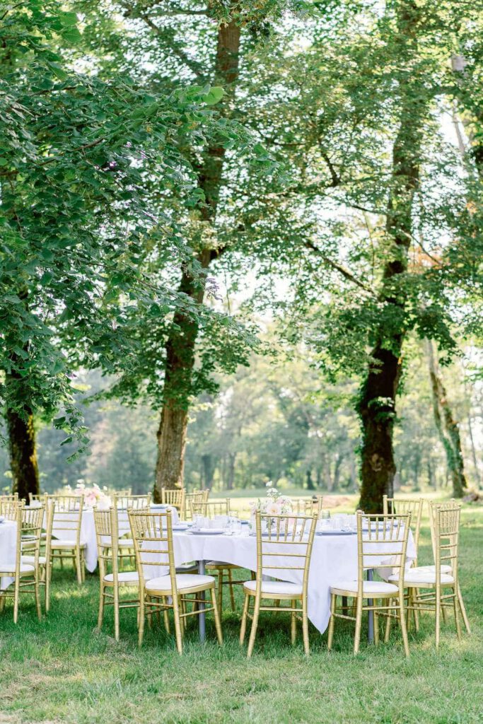 wedding brunch between trees