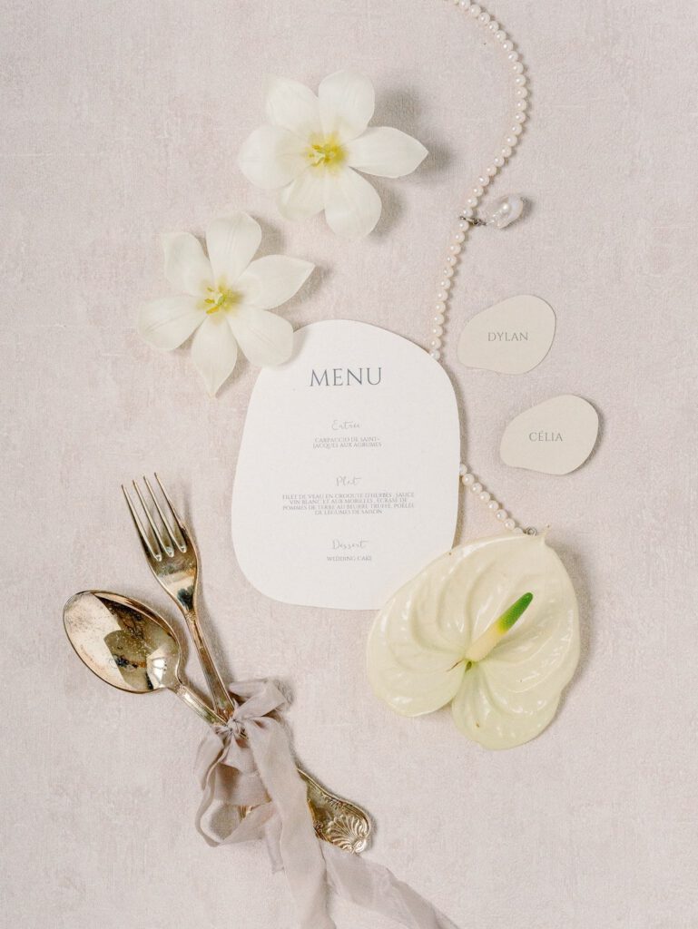 Wedding menu flatlay in beige tones