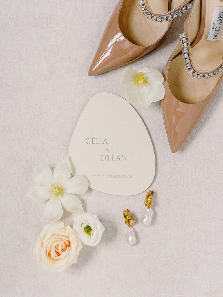 Wedding invitation flatlay in beige tones