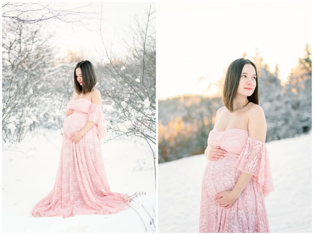 séance grossesse dans la neige avec une robe rose