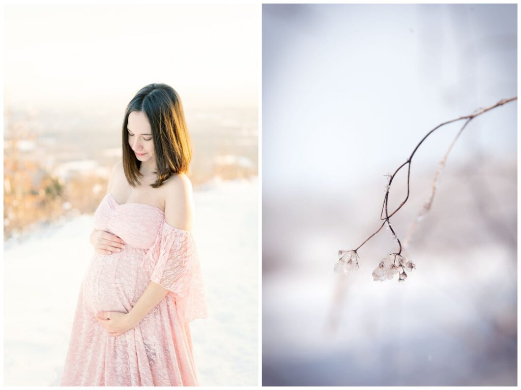 séance grossesse dans la neige avec une robe rose