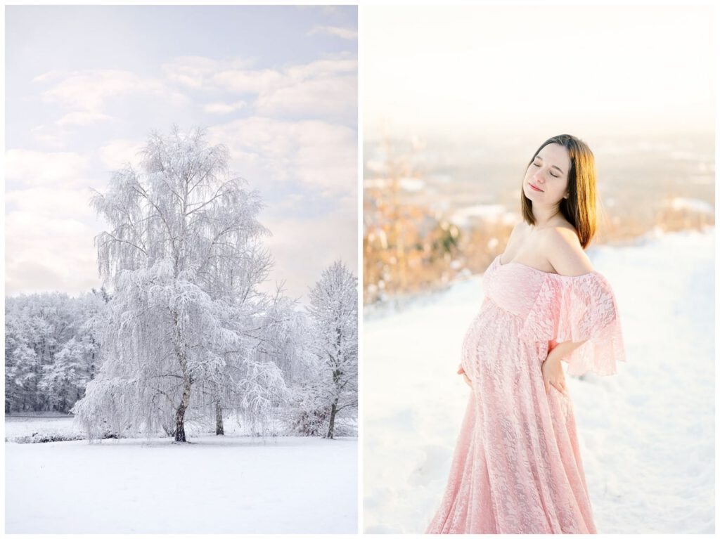 séance grossesse dans la neige avec une robe rose