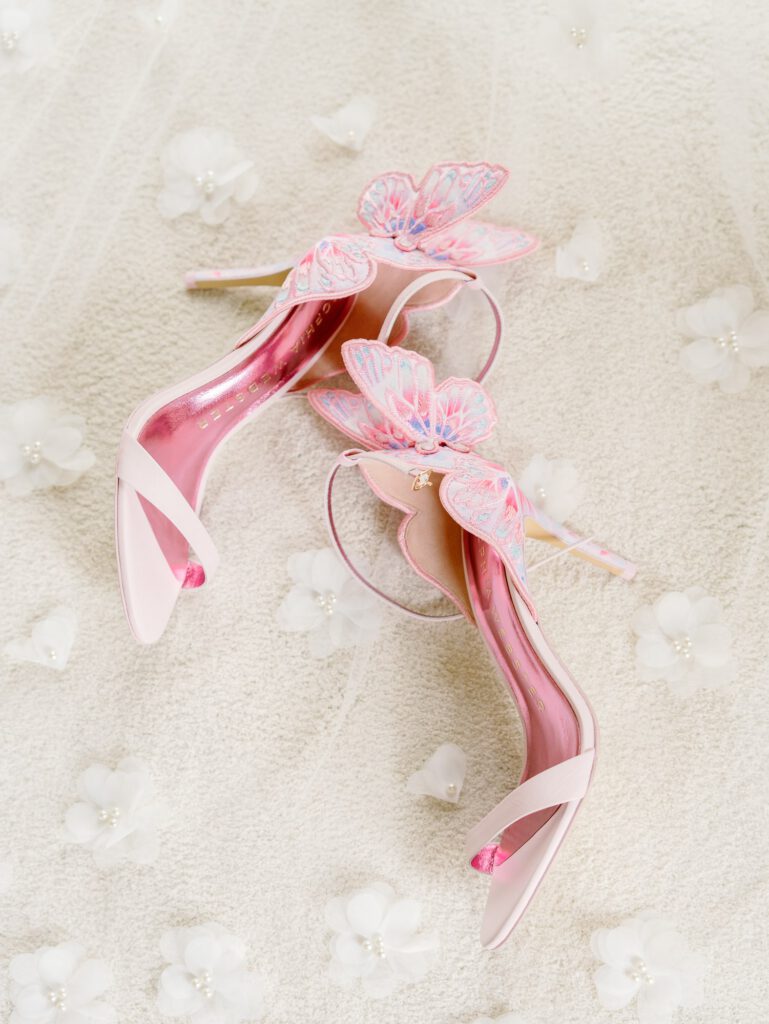 pink wedding shoes with butterflies