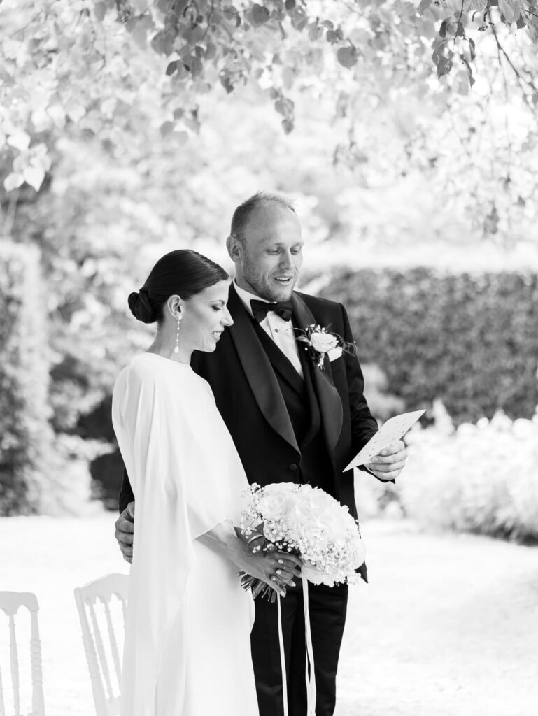 Bride and groom during their wedding ceremony at Domaine d'Essendieras