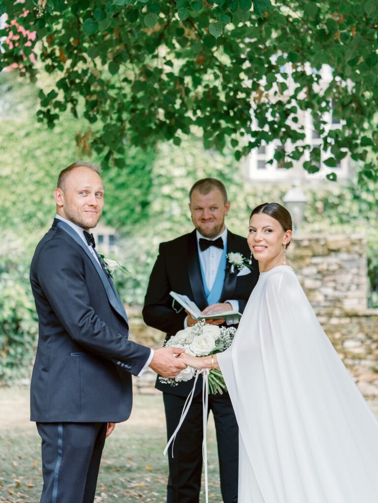 Bride and groom during their wedding ceremony at Domaine d'Essendieras