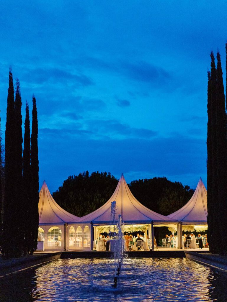 Wedding dinner at Domaine d'Essendieras under the pagodes at night