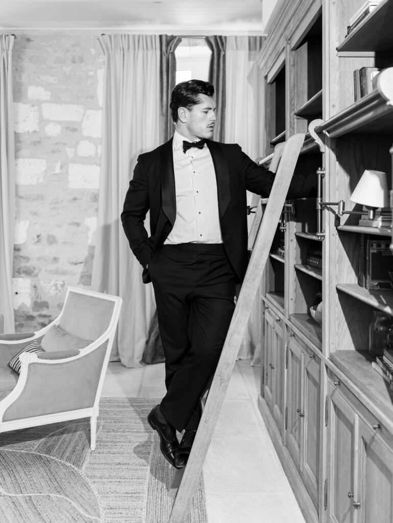 Editorial groom portrait at Chateau de Bagatelle in Dordogne