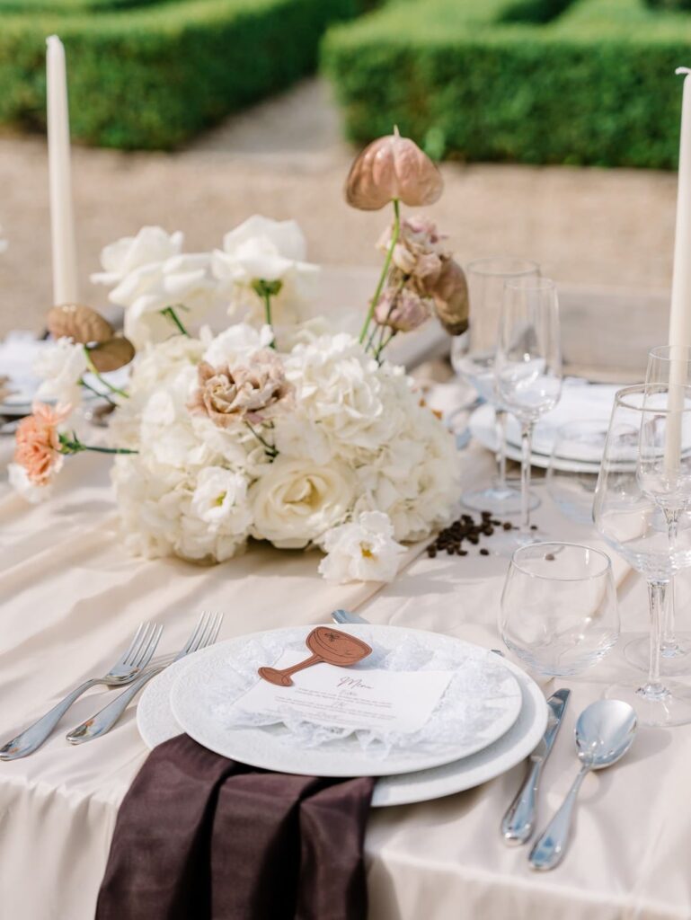 Espresso Martini wedding table at Chateau de Bagatelle in Dordogne