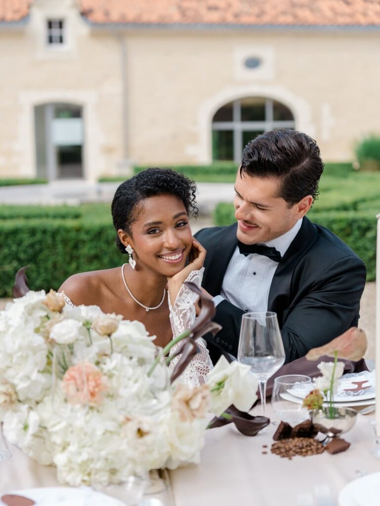 Bride and groom laughing