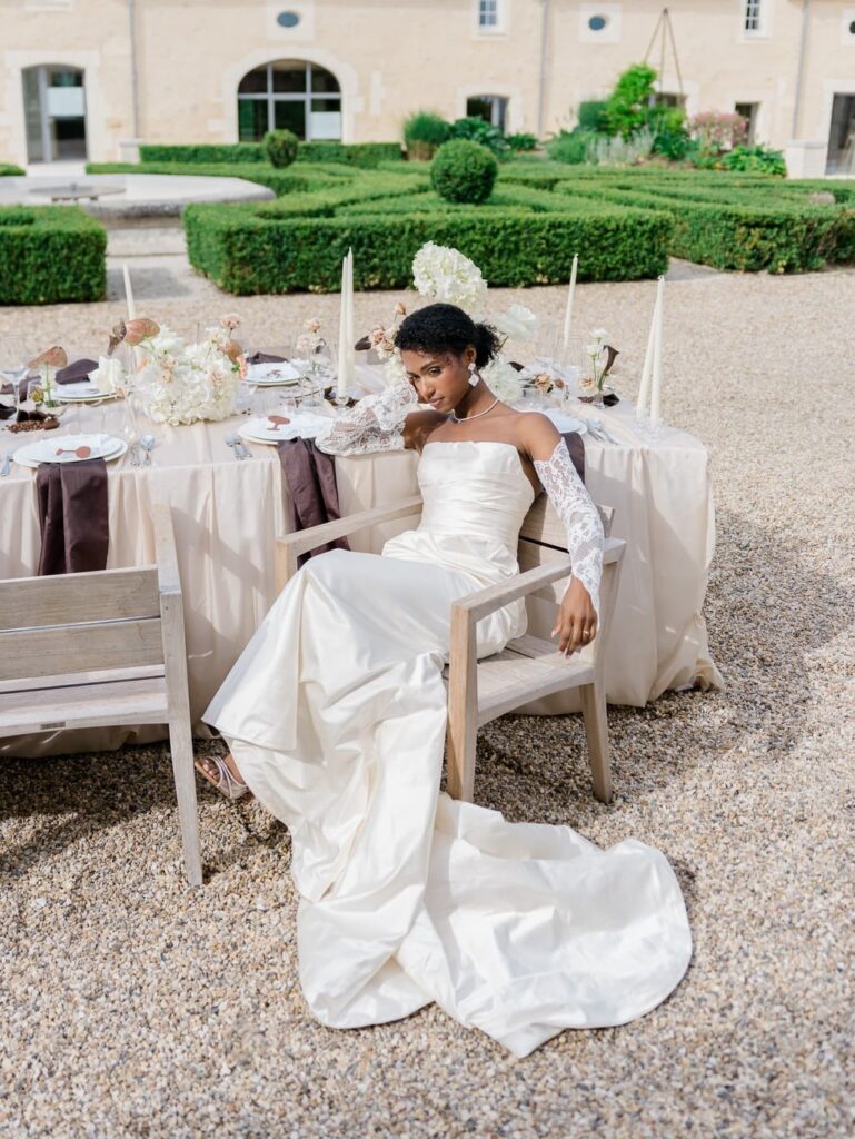 Bride at Chateau de Bagatelle in Dordogne