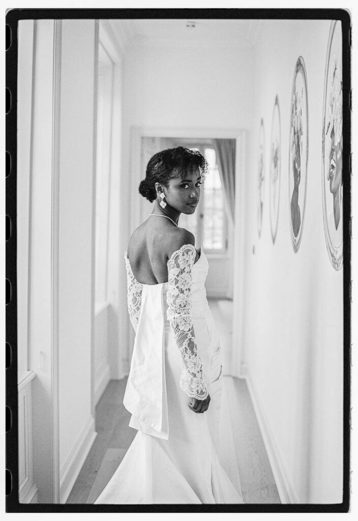 35mm film photography of a bride at Chateau de Bagatelle