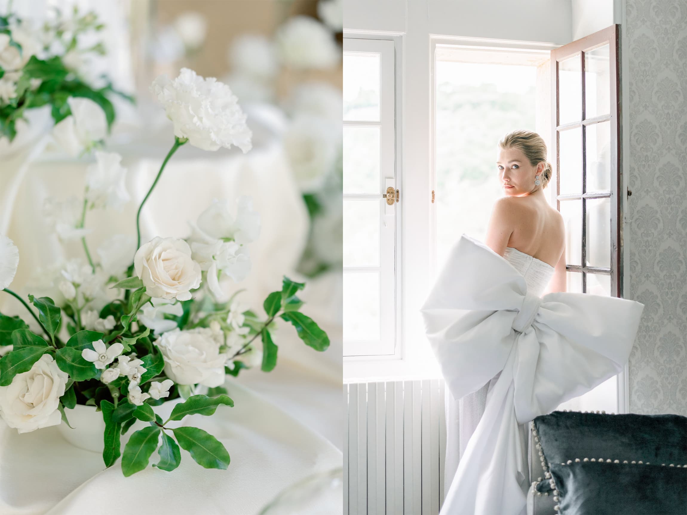 Bride with a bow gown and white flowers